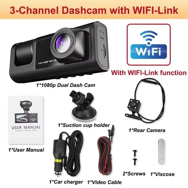 360° 3 Channel 1080P Car Dash Cam Front and Rear Inside Left Right + Camera -USA