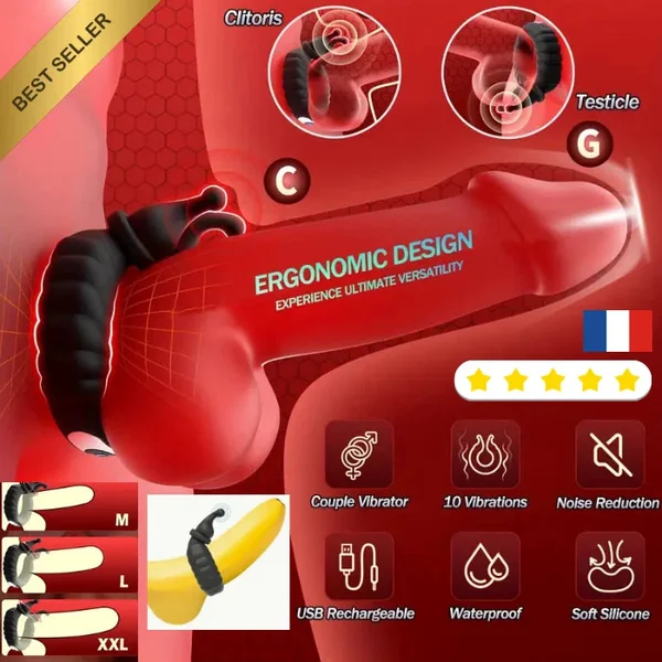 Anneau vibrant homme – Stimulateur clitoridien – 10 modes – Silicone doux – USB