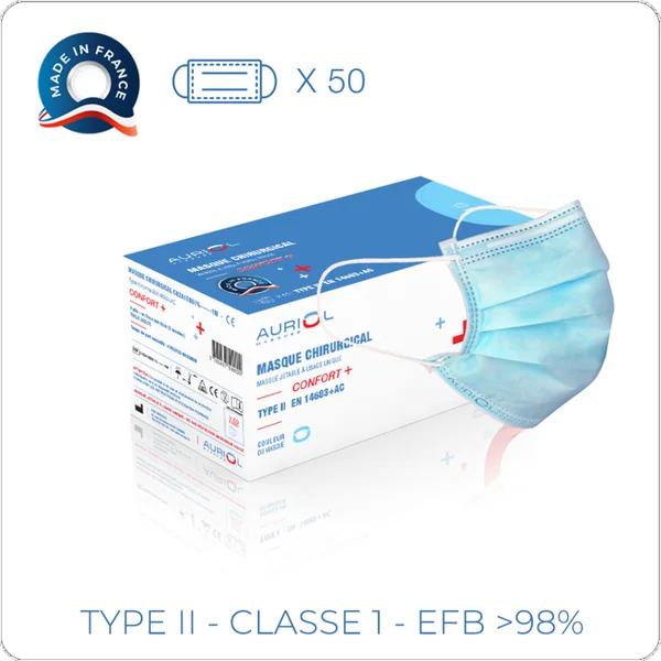 AURIOL CONFORT + - Masques Chirurgicaux Type IIR - Bleu, 50 Unités
