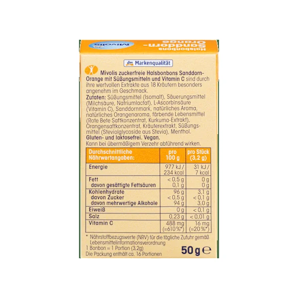 Bonbon, Sanddorn-Orange, zuckerfrei, 50 g