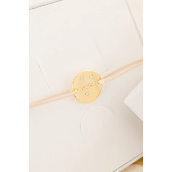 Bracelet personnalisé pastille or cordon BISOUS