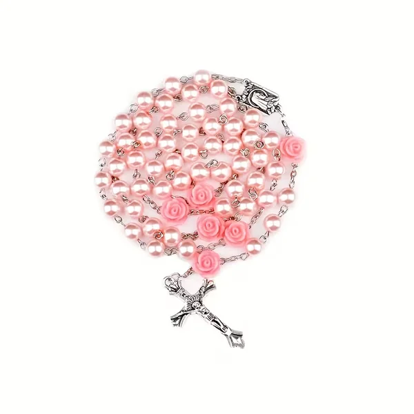 Chapelet première communion baptême religieux rose blanc pearl collier cadeaux