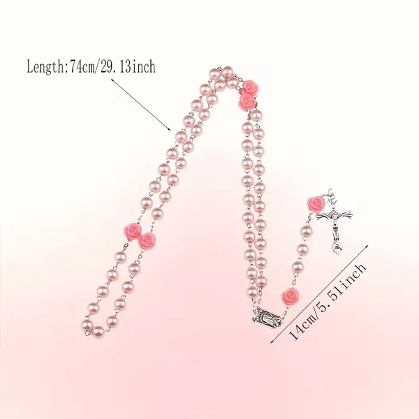 Chapelet première communion baptême religieux rose blanc pearl collier cadeaux