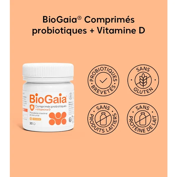 Comprimés Probiotiques + Vitamine D - Arôme Orange, 30 Comprimés à Croquer