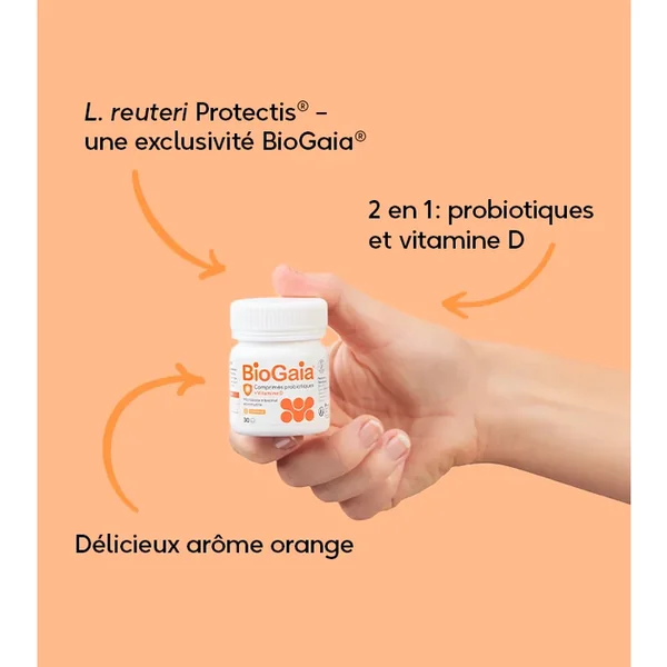 Comprimés Probiotiques + Vitamine D - Arôme Orange, 30 Comprimés à Croquer