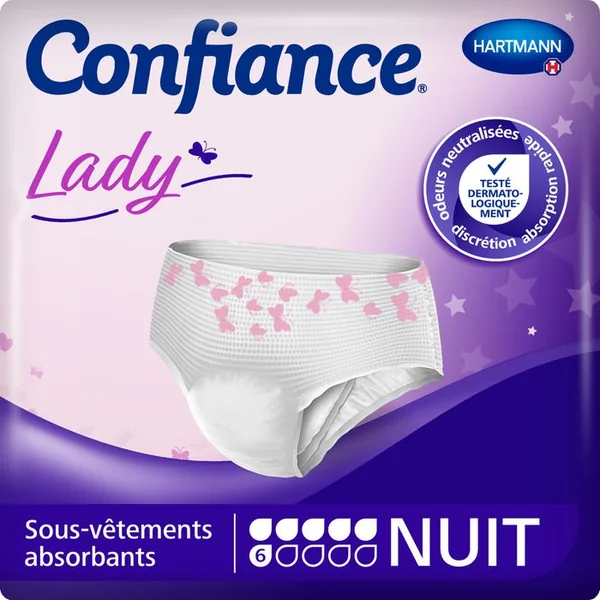 CONFIANCE LADY - Culottes Absorbantes Nuit Fuites Urinaires - 6 Gouttes - Taille L, 7 Unités