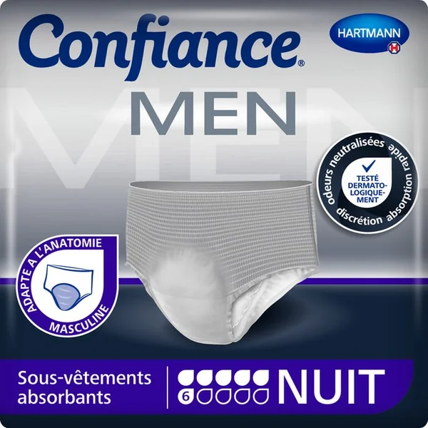 CONFIANCE MEN - Slips Absorbants Nuit Fuites Urinaires - Taille L - 6 Gouttes, 7 Unités