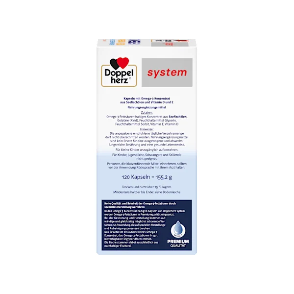 Doppelherz system Omega-3 Premium 1500 Herz + Gehirn + Abwehr Kapseln 120 St, 155,2 g