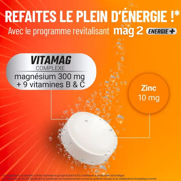 ENERGIE + - Complément Alimentaire - Fatigue Physique et Mentale - Goût Orange Pressée, 30 Comprimés Effervescents