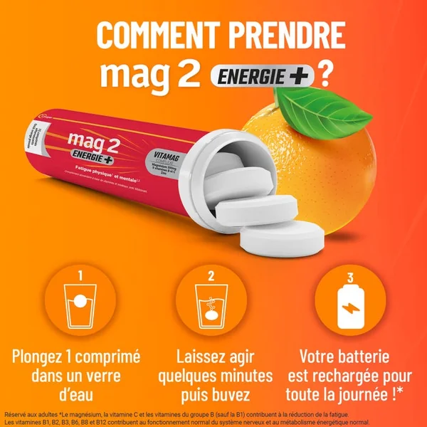ENERGIE + - Complément Alimentaire - Fatigue Physique et Mentale - Goût Orange Pressée, 30 Comprimés Effervescents