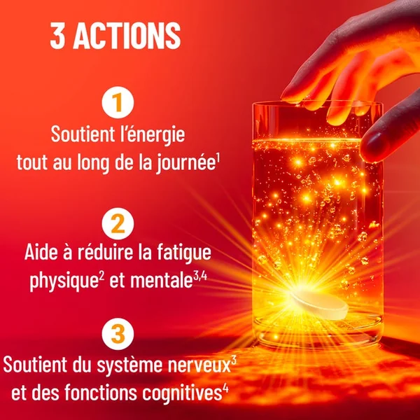 ENERGIE + - Complément Alimentaire - Fatigue Physique et Mentale - Goût Orange Pressée, 30 Comprimés Effervescents