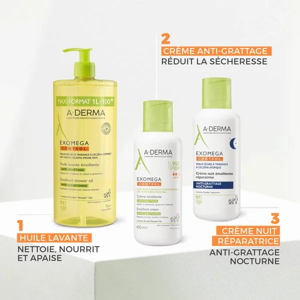 EXOMEGA CONTROL - Huile Lavante Émolliente Anti-Grattage - Visage et Corps - Peaux Sèches à Tendance Atopique, 1L