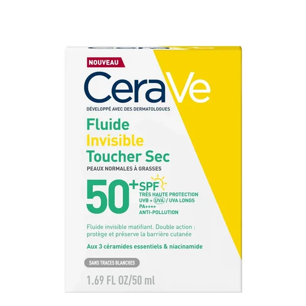 Fluide Solaire Invisible Toucher Sec SPF50+ - Visage et Cou - Peaux Normales à Grasses, 50ml