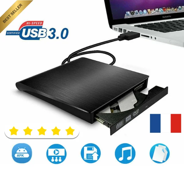 Graveur DVD-R Externe Lecteur CD-RW DVD USB 3.0 CD-ROM Portable Noir Neuf FR