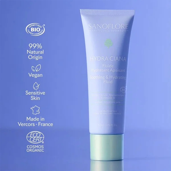 HYDRA CIANA - Fluide Hydratant Apaisant Bio - Peaux Sensibles et Réactives, 50ml
