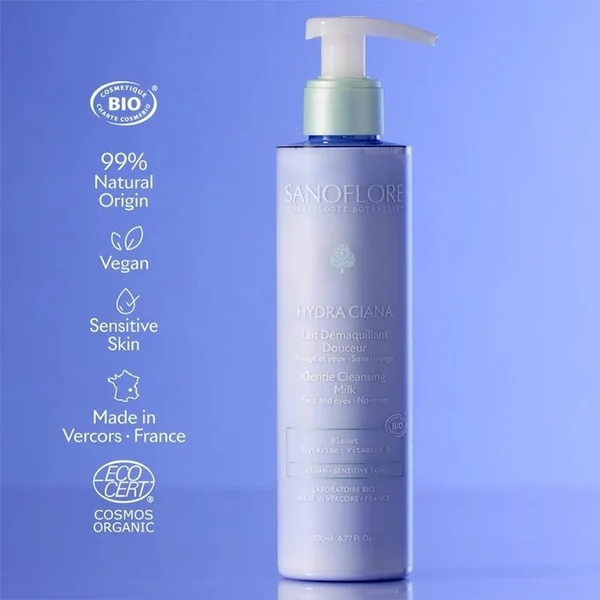 HYDRA CIANA - Lait Démaquillant Bio Visage & Yeux - Peaux Sensibles et Réactives, 200ml