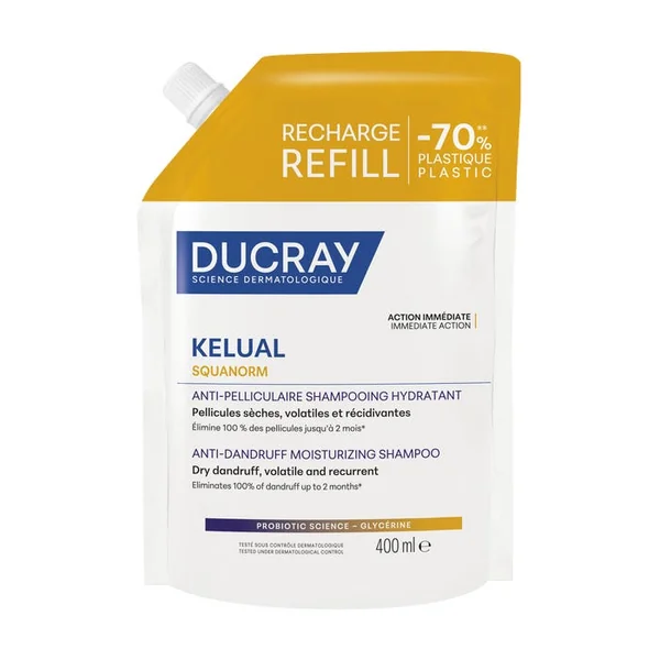 KELUAL SQUANORM - Éco-Recharge Shampooing Traitant Hydratant Anti-Pelliculaire - Pellicules Sèches, 400ml