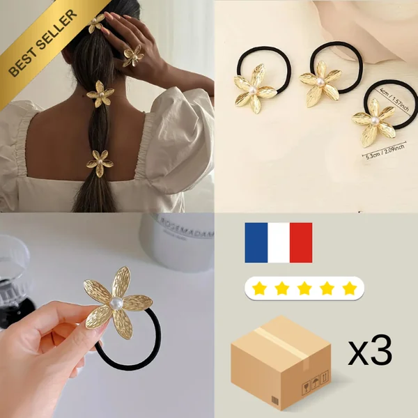 Lot de 3 Élastiques à Cheveux Élégants avec Fleurs Dorées, cheveu coiffure métal
