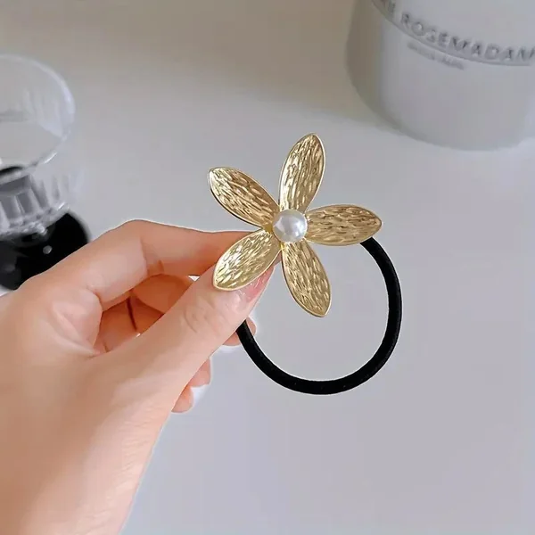 Lot de 3 Élastiques à Cheveux Élégants avec Fleurs Dorées, cheveu coiffure métal