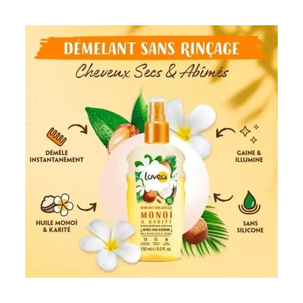 LOVEA - Démêlant Sans Rinçage - Monoï Et Karité - Démêle Sans Alourdir cheveux