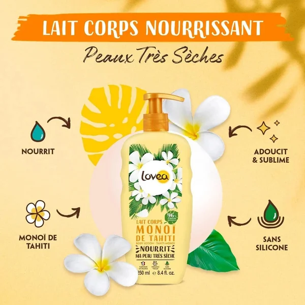 LOVEA Lait Corps Monoï De Tahiti - Nourrit & Adoucit - Pour Peaux Très Sèches