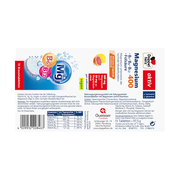 Magnesium 400 + Vitamine B6 + B12 + Folsäure Brausetabletten 15 St., 97,5 g