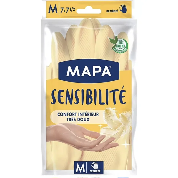 MAPA - Sensibilité - Gants de Ménage en Latex Intérieur Coton et Soie Médium