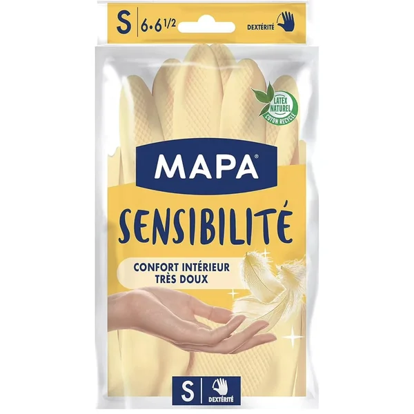 MAPA - Sensibilité - Gants de Ménage en Latex Intérieur Coton et Soie Small