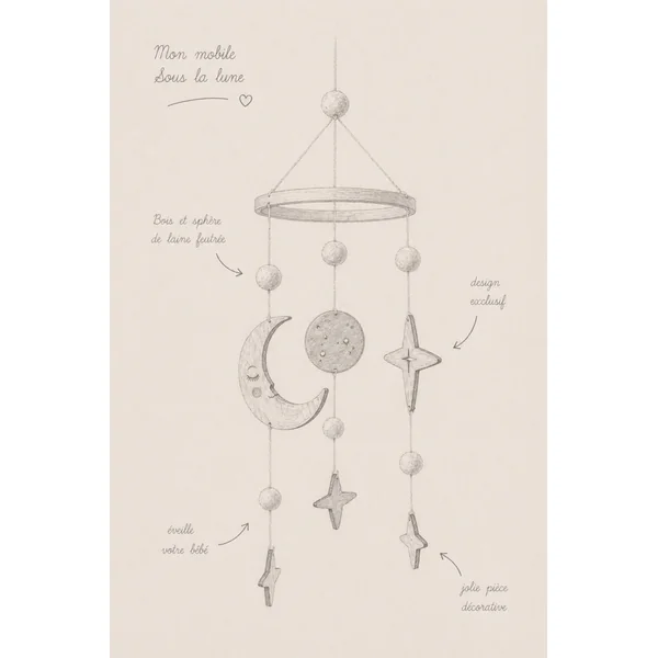 Mobile pour bebe lune et étoiles en bois SOUS LA LUNE