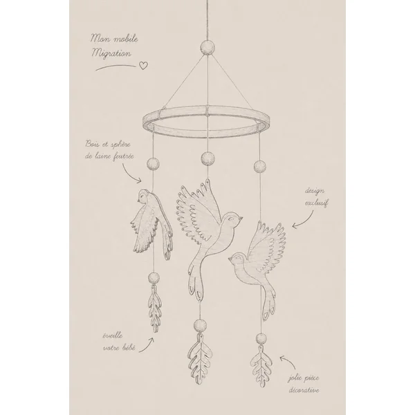 Mobile pour lit bebe oiseaux en bois MIGRATION