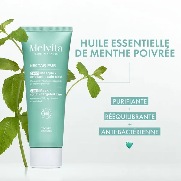 NECTAR PUR - Masque Exfoliant 3-en-1 Bio - Visage - Peaux Mixtes à Grasses, 75ml