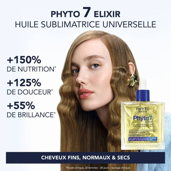 PHYTO 7 ELIXIR - Huile Sublimatrice Universelle - Tous Types de Cheveux Secs et Abîmés, 100ml