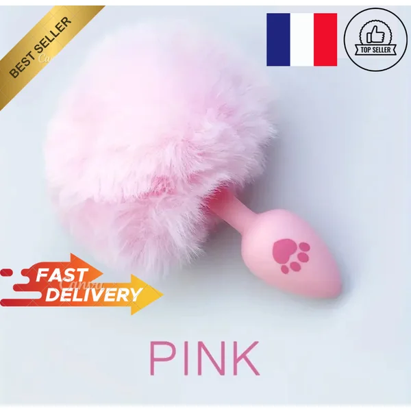 Plug anal fourrure pompom- Taille normal- couleur rose - Silicone doux - Orgasme