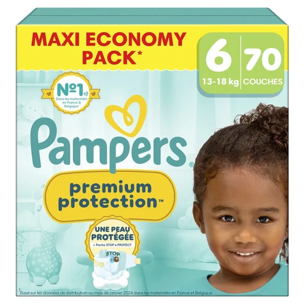 PREMIUM PROTECTION PANTS - Couches Culottes Bébé - Taille 6 - De 13 à 18kg - Maxi Pack, 70 Unités