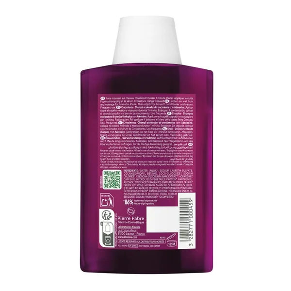 QUININE CROISSANCE - Shampooing Accélérateur de Pousse à l'Adénosine - Cheveux Fatigués, en Repousse, 200ml