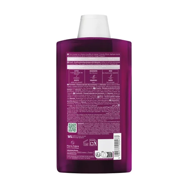 QUININE CROISSANCE - Shampooing Accélérateur de Pousse à l'Adénosine - Cheveux Fatigués, en Repousse, 400ml