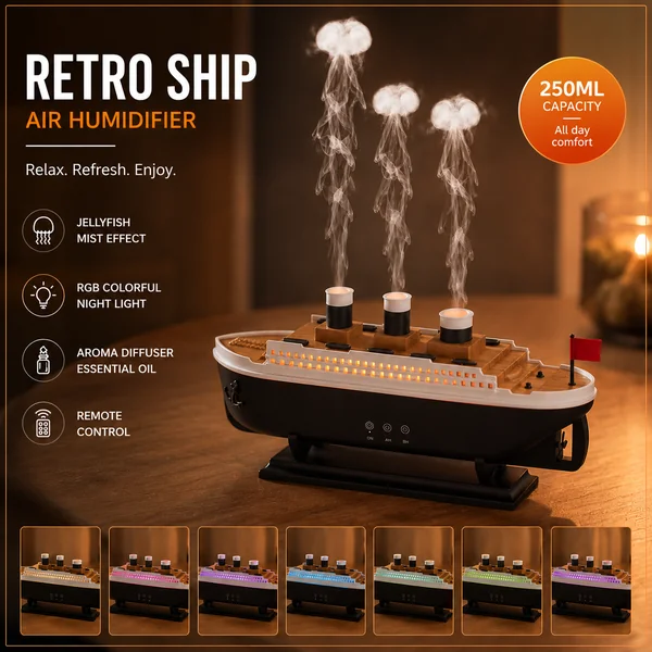 Retro Ship Jellyfish Air Humidifier 250ML Aroma Diffuser RGB Night Light Remote