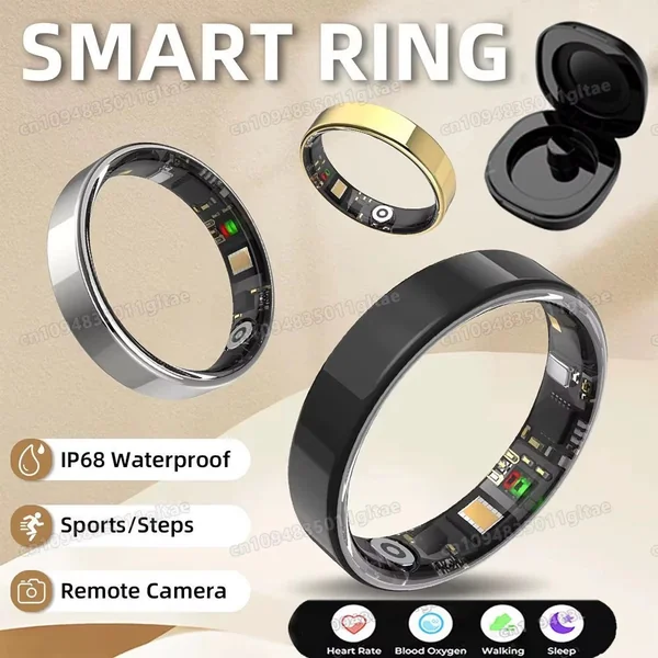 Smart health ring with crystal charging case, tracks activity, sleep & motion