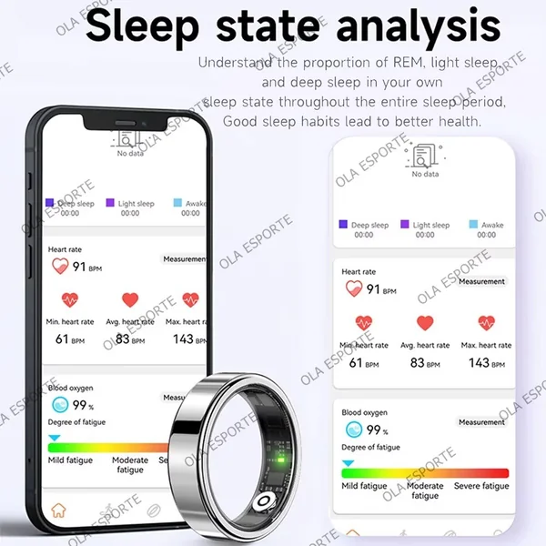 Smart health ring with crystal charging case, tracks activity, sleep & motion