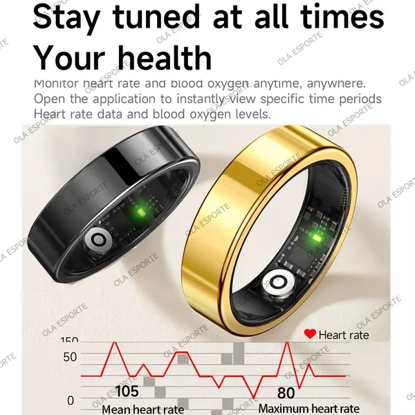 Smart health ring with crystal charging case, tracks activity, sleep & motion