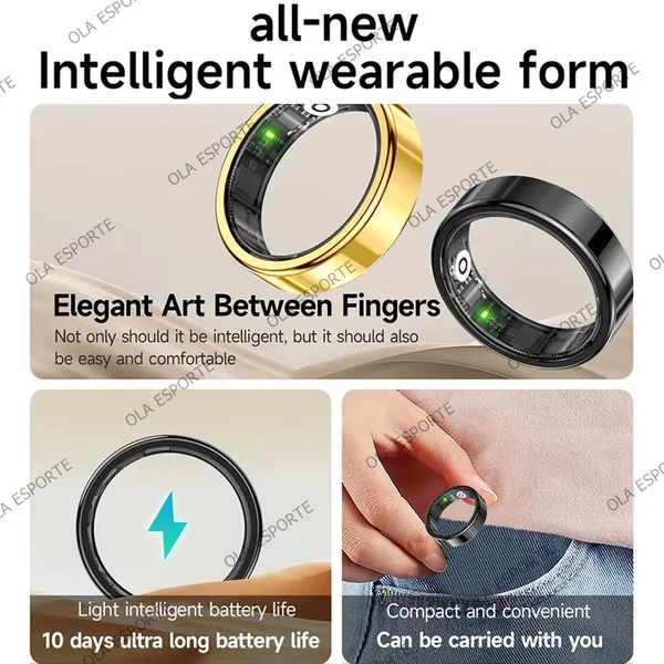 Smart health ring with crystal charging case, tracks activity, sleep & motion