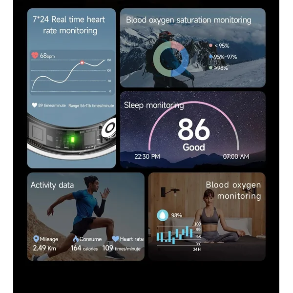 Smart health ring with crystal charging case, tracks activity, sleep & motion