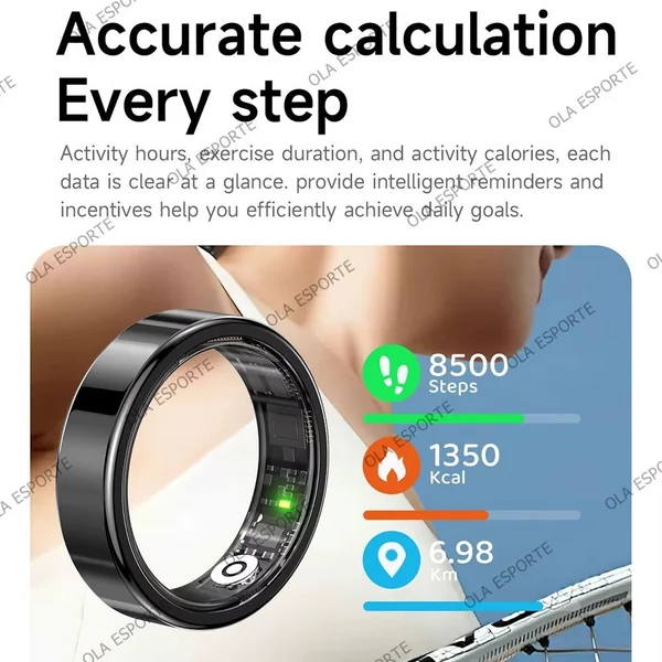 Smart health ring with crystal charging case, tracks activity, sleep & motion