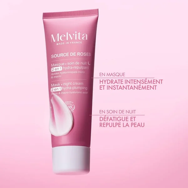 SOURCE DE ROSES - Masque Soin de Nuit 2-en-1 Hydra-Repulpant Bio - Visage - Tous Types de Peaux, 50ml