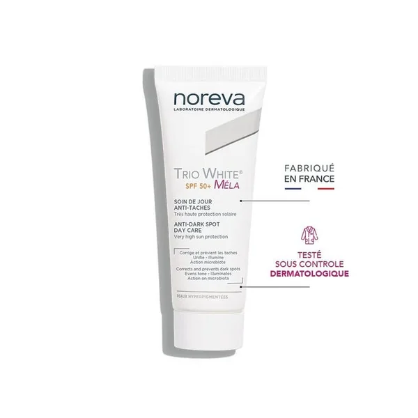 TRIO WHITE MELA - Soin de Jour Anti-Taches SPF50+ - Visage - Peaux Sensibles Hyperpigmentées, 40ml