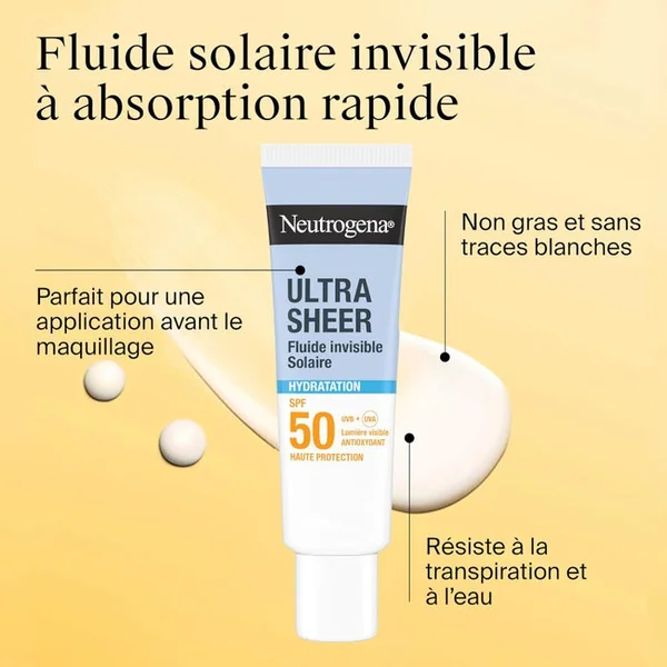 ULTRA SHEER - Fluide Invisible Solaire Hydratation SPF50 - Visage - Peaux Normales à Sèches, 50ml